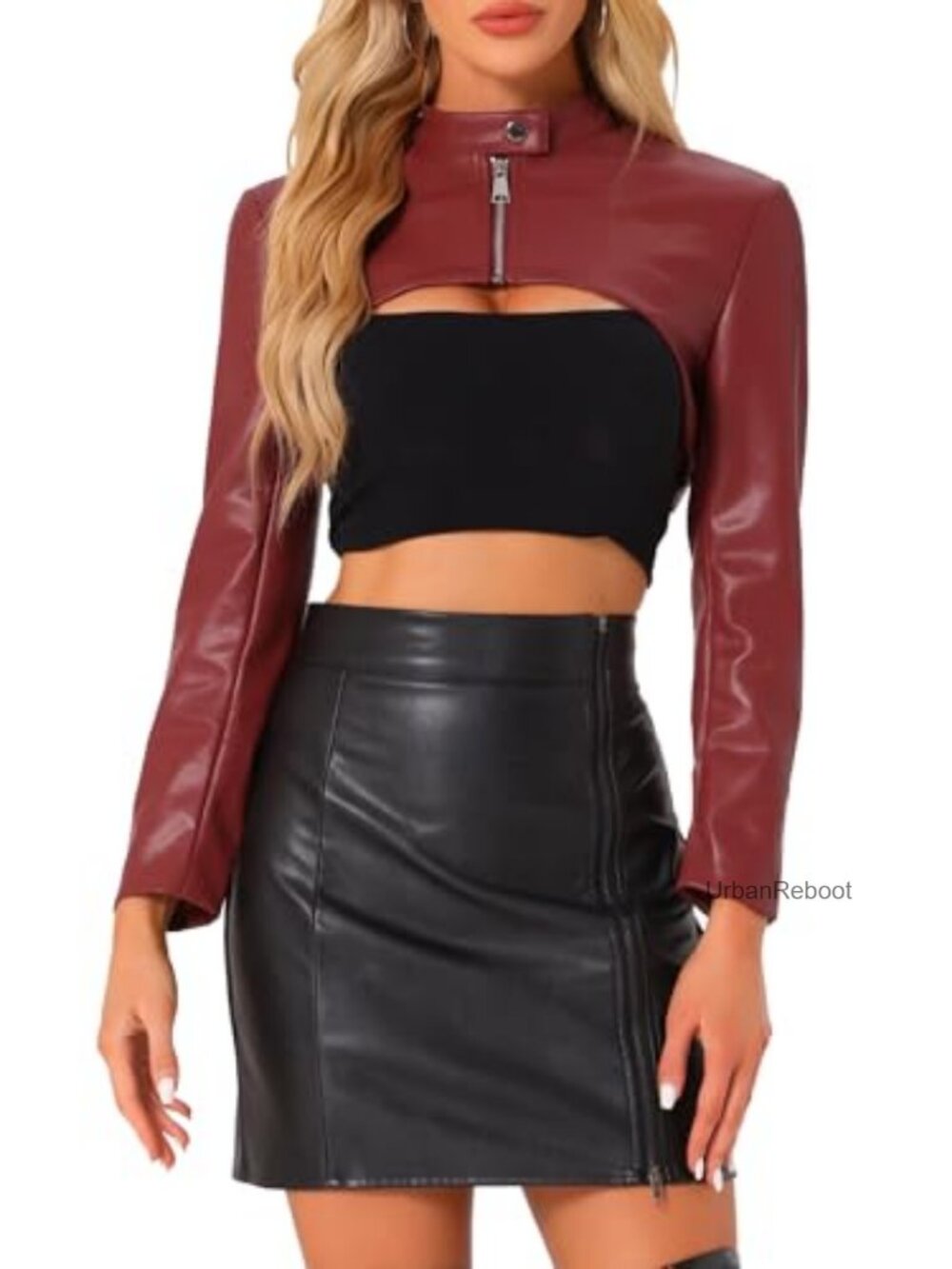 Faux Leather Cropped Moto Biker Jacket with Zipper Front